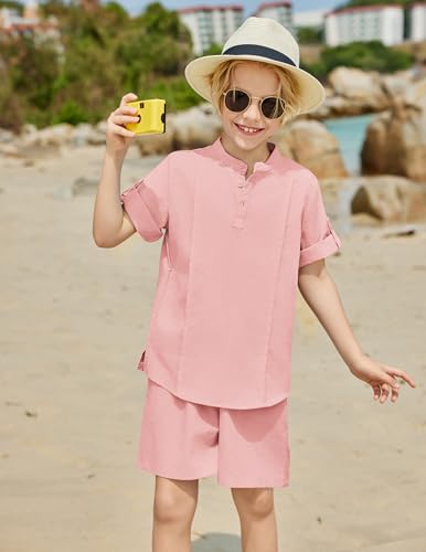 Image of Arshiner Boy's 2 Pieces Linen Sets Short Sleeve Henley Shirt and Shorts Summer Beach Matching Outfits 4-12 Years