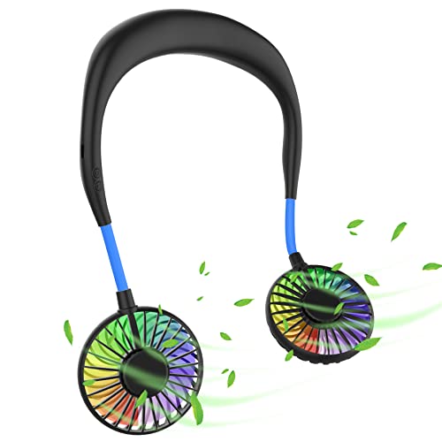 WOWGO Ventilador Cuello, Mini Ventilador USB de Manos Libres con 3 Ajustable Velocidades, 7 luces LED, Rotación Libre de 360° para Deportes, Oficina