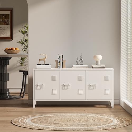 MIOCASA Metal Cabinet with Doors and Shelf,Industrial Steel Storage Cabinet TV Stand, 2 Tier Low Locker TV Cabinet for Home and Office White Size: 44.49W×15.75D×22.83H - Thumbnail 5