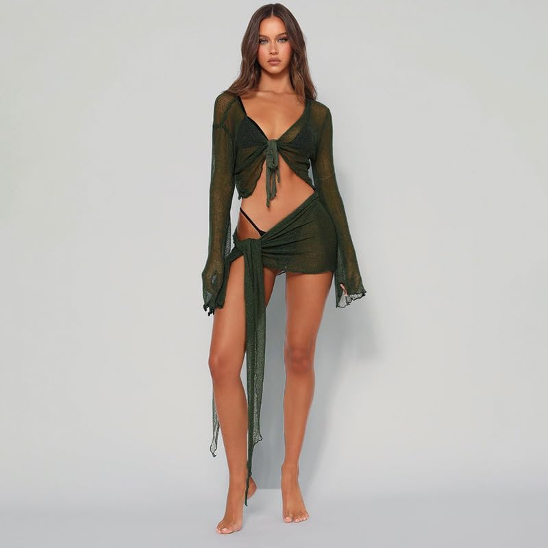 Women's Mesh Sheer See Through Two Piece Set Long Sleeve V Neck Tie Tops Slim Fit Short Skirts Vacations Outfit