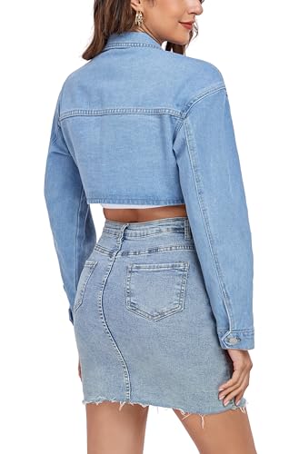 Anienaya Women's Cropped Denim Jacket Washed Cropped Y2K Cargo Short Jean Jacket with Pockets2