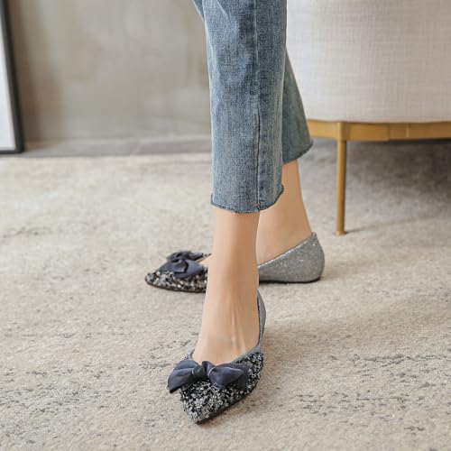 HIPPOSEUS Women's Satin Bow-Knot Flat Shoes Pointed Toe Ballet Flats Sequins Dressy Shoes4
