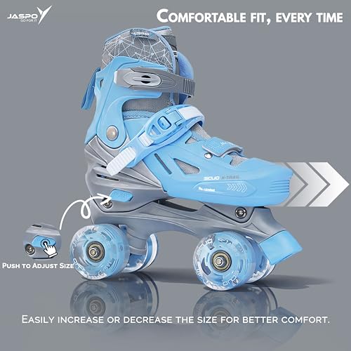 Image of Jaspo Scud X Trail Roller Skates Combo with Helmet and Knee, Elbow, Wrist Guard, Professional Outdoor Indoor Quad-Skates for Kids & Adults, Adjustable Roller Skates with 4 Shiny Wheels (Blue, Large)