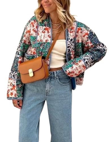 Women's Floral Quilted Jackets Cropped Open Front Lightweight Sho...