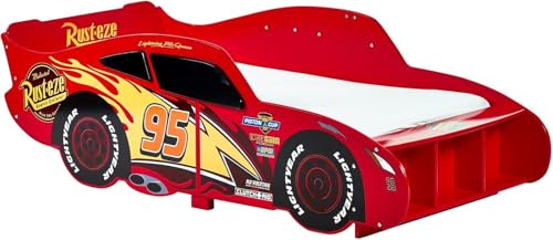 Disney Cars Lightning McQueen Kleinkindbett, stabile Konstruktion, geschützte Seiten, Holzlatten, hellrot, passend für 140 x 70 cm große Matratze (Matratze nicht im Lieferumfang enthalten)