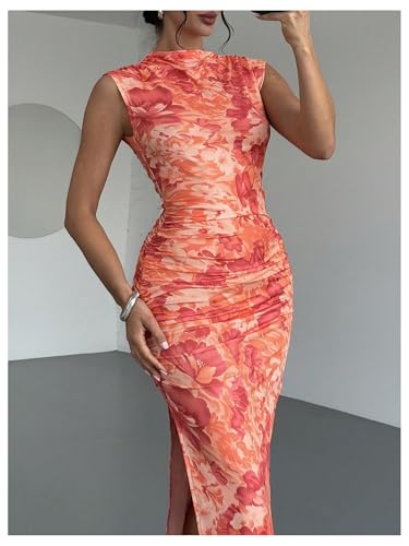 Image of BEAUDRM Women's Floral Print Midi Bodycon Dresses Split Thigh Ruched Mock Neck Fitted Tank Dress