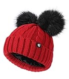 【Doppelte Bommelmütze】 Die aktualisierten Pompons sind speziell nicht lösbar, so dass die flauschigen Bälle besser stehen und fester auf der Oberseite der Mütze sitzen, nicht beim Tragen oder Waschen verlieren. Sie können den Pomponball kämmen oder mit einem Fön blasen, um bei Bedarf seine ursprüngliche Form zu erhalten.