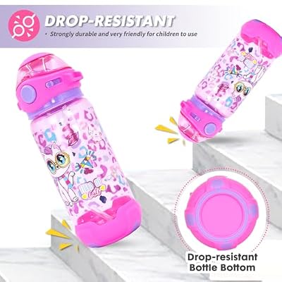 Kids Water Bottle with Straw/Lanyard for School Kids Girls Boys, 22oz BPA Free Child Drinking Water Bottle One-Click-Open Leak-Proof Locking Flip Lid for School Sport Travel