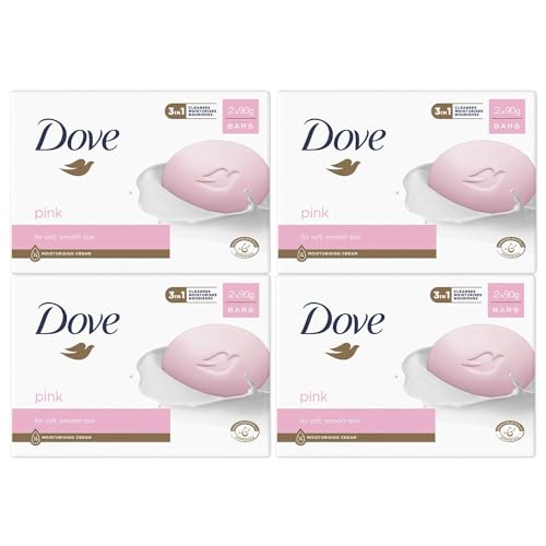 Dove Pink Moisturising Beauty Cream Bar 3 in 1 Cleanses, Moisturises and Nourishes Soap for Soft, Smooth Skin Vegan, Crealty Freee and Dermatologically Tested Beauty Soap 2x90g, 4 Pk