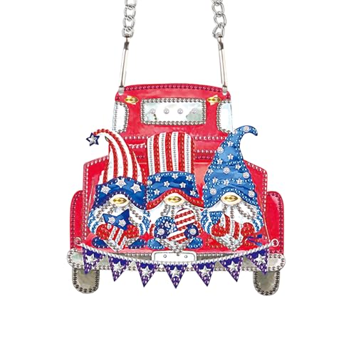 Image of AiYuanzsh Red Car Gnome Diamond Painting Hanging Kit, 5D DIY Acrylic Special Shaped Diamond Art Pendant Ornament with Chain, Independence Day Wall or Door Decor, July 4th Crystal Art Kit for Adults
