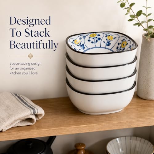 Image of Japanese Ceramic Snack Bowl Set of 6 | 200ml Small Serving Bowls for Dips, Soy Sauce, Chutney & Snacks, Hand-Painted Floral Design, Microwave & Dishwasher Safe (Kyoto Vine)