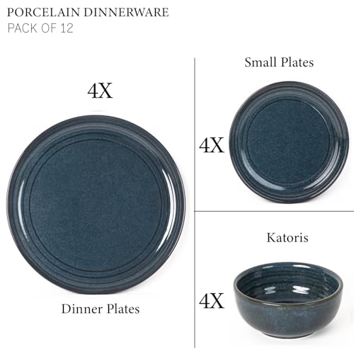 Image of Bodhi House Handcrafted Chip Resistance Porcelain Dinner Set, 12 Pieces Dish Set Serving for 4, Microwave and Dishwasher Safe, Bone-ash Free, Crockery Set for Dining and Gifting, Sapphire Blue