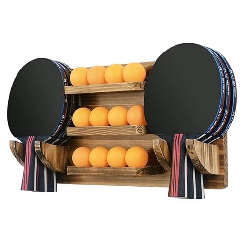 NASSMOSSE Ping-Pong Paddle Holder, Wall Mounted Table Tennis Rack Holds 6 Paddles and 12 Balls Wood Ping-Pong Accessories for Game Room Bar Room