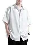 [OKJCON] シャツ メンズ 半袖 夏 カジュアル ストライプ 薄手 ゆったり おしゃれ 大きいサイズ (3XL, ホワイト)