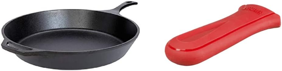 Lodge L14SK3 15-Inch Pre-Seasoned Cast-Iron Skillet Red Silicone Deluxe Hot Handle Holder, 1 EA