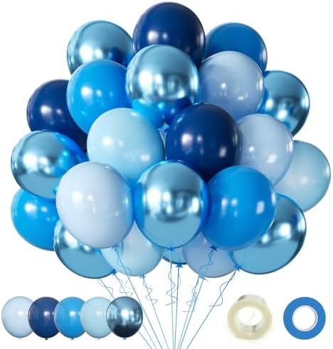 Light Blue Navy Blue Party Balloons, 60pcs 12 inch Metallic Chrome Blue Balloons Pearl Blue Balloons Baby Blue Balloons Navy Blue Latex Balloons for Boy Birthday Wedding Baby Shower Party Decoration