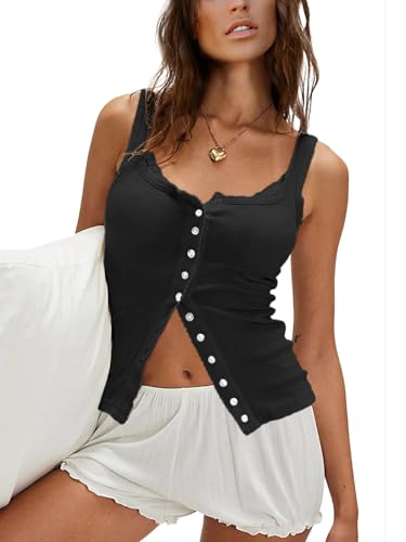 Women Ribbed Tank Tops Sleeveless Button Down Camisole Summer Scoop Neck Cropped Top