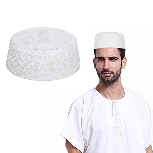 Mens Muslim Hat Islamic Prayer Cap, Muslim Eid Prayer Embroidered Kufi Fat Ramadan Mosque Arab Indian Prayer Cap White