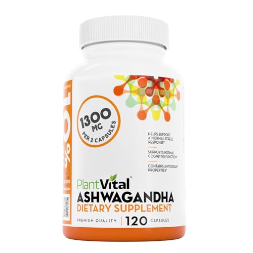 Plantvital Organic Ashwagandha Capsules with Black Pepper 1300mg - 120 Vegan Capsules for Normal Stress Response, Normal Sleep, and Energy - Non-GMO,