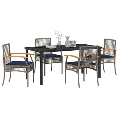 vidaXL Garden Dining Set with Cushion 5 pcs Grey and Black Rattan, Chic Outdoor Dining Set, Modern Rattan Style, Weather-Resistant Table, Comfy Chairs, Tough Steel Frame