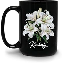 Flower Themed Birthday Decorative Mugs, Black Tea Cup With Custom Choose Name, Customized White Lilies Design On Porcelain Mug, Personalized Novelty Coffee Mug Gift For Women, Girl