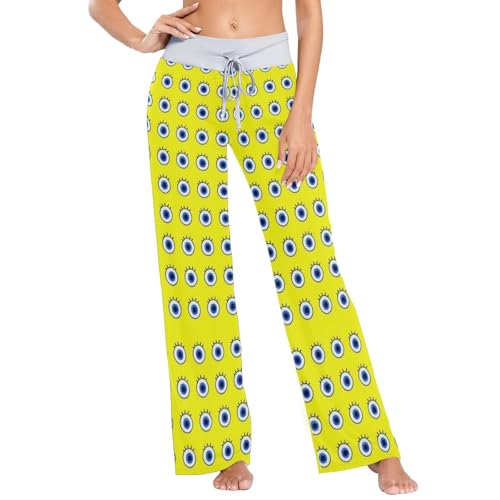 Pantalon pyjama coton doux femme bleu jaune mauvais œil vêtement de nuit
