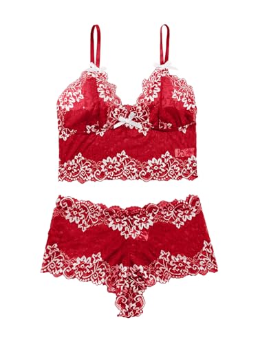 Image of Lilosy Sexy Lingerie for Women Lace Pajamas Set Cami Bra and Panty High Waist Sheer Sleepwear 2 Piece 2XS-6XL