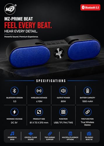 Image of Prime Beat 80W Bluetooth Speaker with Mobile Stand, TWS Pairing, Bluetooth 5.3, 1500mAh Battery, Loud Bass & Clear Sound, USB /TF /FM Support - Wireless Speaker for TV, Laptop, Tablet & Mobile (Blue)