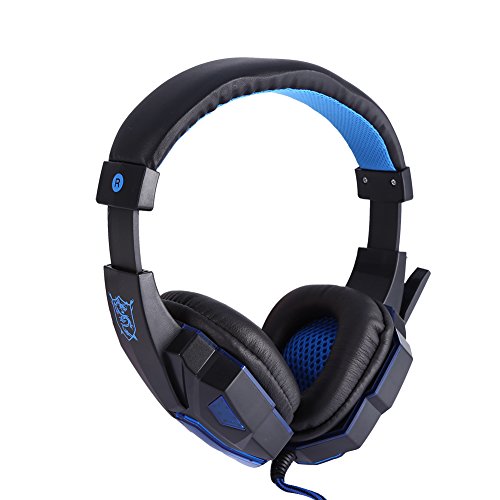 Zunate Wired Gaming Headset, Stereo Subwoofer Speaker Adjustable Head Beam Height Foldable Noisecancelling Microphone LED Light Effect Portable Computer Overear Headset (Blue)