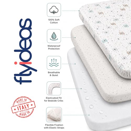 FlyIdeas Prześcieradła Do Koszami Mojżesza, Zestaw 3 szt. 75x35 cm | 2 Prześcieradła Do Kołyski i 1 Wodoodporny Ochraniacz na Materac 100% Prawdziwej Bawełny