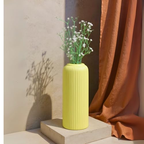 Image of KREATIVE ART'S Modern Ribbed Design Ceramic Flower Vase for Living Room, Flower Pots for Artificial Flower, Home Decoration Item, Home Decor, Vases for Living Room (Yellow, Large)