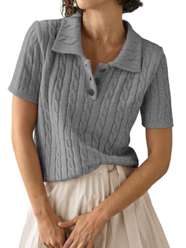 Image of Imily Bela Womens Polo V Neck Pullovers Lightweight Short Sleeve Cable Knit Sweater Business Casual Summer Tops 2025