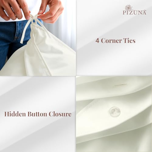 Image of Pizuna 100% Cotton Duvet Cover Double Bed, 400 Thread Count Long Staple Cotton Sateen Weave Quilt Cover 90X100 Inch, Comforter Cover King Size Double Bed with 4 Corner Ties, Off White