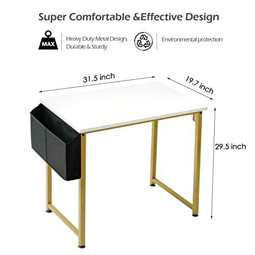 Lufeiya Small Computer Desk White Writing Table For Home Office Small Spaces 31 Inch Modern Student Study Laptop Pc Desks With Gold Legs Storage Bag Headphone Hook,White Gold #TOP2