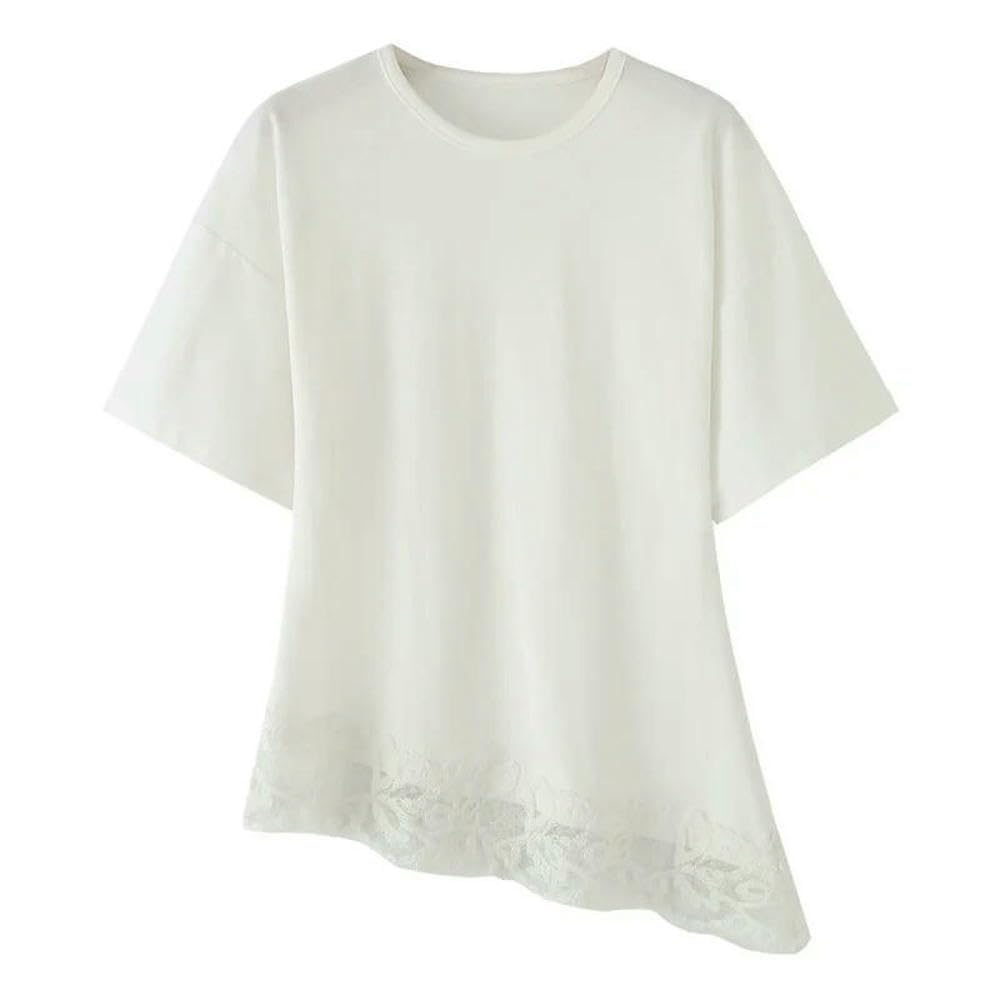 QXDZSW damska asymetryczna koszulka z koronkowym obszyciem luźny bawełniany top wiosna moda minimalistyczna elegancka bluzka