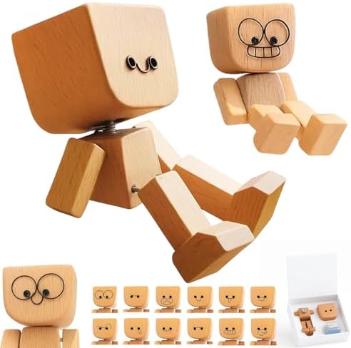Tiny Wooden Shaking Man, Handmade Wobbly Wooden Smile Figurine fo...