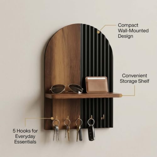Image of Home Sparkle Wall Mounted Key Holder for Home Entrance with Shelf | MDF Wooden Key Stand with Premium Paint Finish | Modern Key Hanger Organizer for Keys, Essentials | 6 Hooks | Black & Walnut