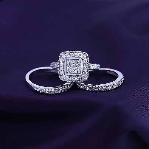 SAVEARTH DIAMONDS 1 Carat (ctw) Lab Created Moissanite & Lab Grown Diamond Square Cluster Engagement Trio Ring 14K Gold Over Sterling Silver Wedding Ring Band Set (1 Cttw), Gift For Her4