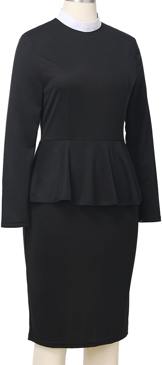 Womens Church Clergy Dress Spring/Autumn Long Sleeve Ruffle Slim Pencil Dress with Banded Full Collar - Image 6