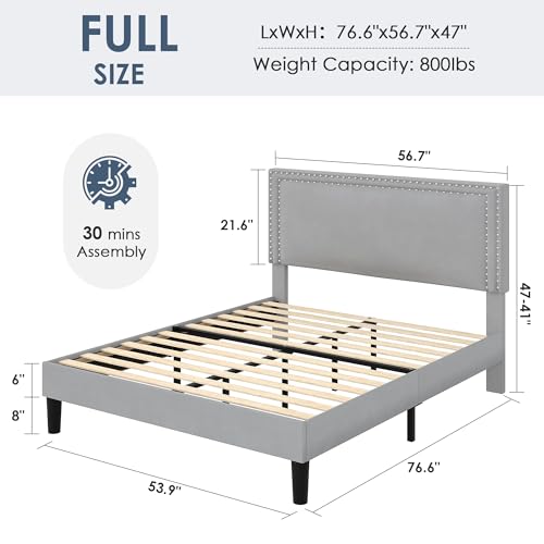 Image of VECELO Full Size Platform Bed Frame with Height Adjustable Upholstered Headboard, Modern Mattress Foundation,Strong Wood Slat Support, No Box Spring Needed, Easy Assembly,Light Grey