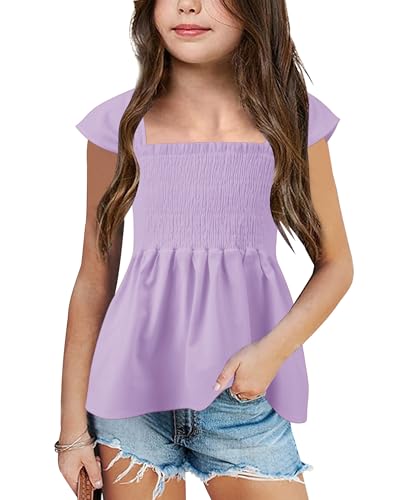 Image of Bingerlily Girls Summer Casual Tops Square Neck T Shirts Cute Smocked Top Tees
