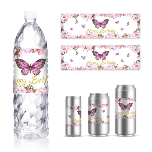 GOMAKERER - GOMAKERER 30 Feuille D'Étiquettes pour Bouteilles d'eau avec Papillon Rose Autocollants d'emballage de Fleurs Joyeux Anniversaire pour Bouteille d'eau Étiquettes de Bouteille d'eau Potable Fête