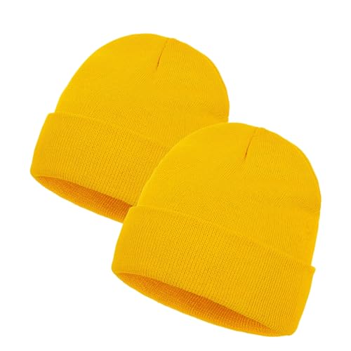 Werownsgso Strickmützen Beanie Mütze Herren Dünner Wintermütze Classics Mütze Herren Damen für Kalte Tage Outdoor (DE/NL/SE/PL Alphanumerisch Einheitsgröße Gelb*2)