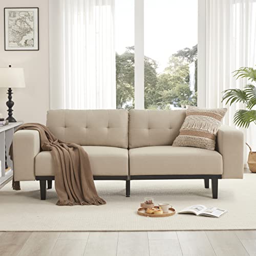 Mid Century Modern Couch, 79" W Oversized Loveseat Sofa, Linen Living Room Couch, Large Sofa With Button Decor, Deep Seated Comfy Sofa With Solid Wood Legs For Bedroom Office, Beige #TOP2