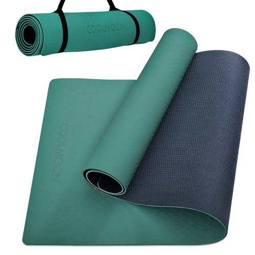 Tapis de yoga TPE COOLMOON antidérapant vert bicolore avec sangle