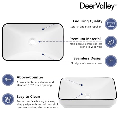 DeerValley Vessel Sink Rectangular, 18.9"x11.61" White Semi Recessed Bathroom Sink with Black Rim Ceramic Porcelain Rectangle Bathroom Vessel Sink Above Counter Vanity Sink Basin DV-1V0235