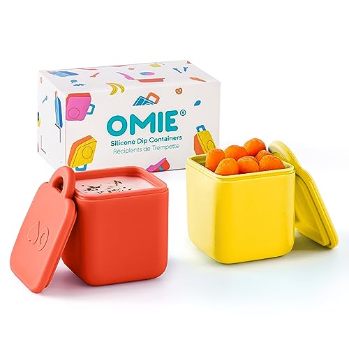 OmieBox (2 Pack) Leakproof Dips Containers to Go, Salad Dressing Container, Condiment Container with Lids - Food Safe Silicone - 4 Ounces (Yellow/Red)
