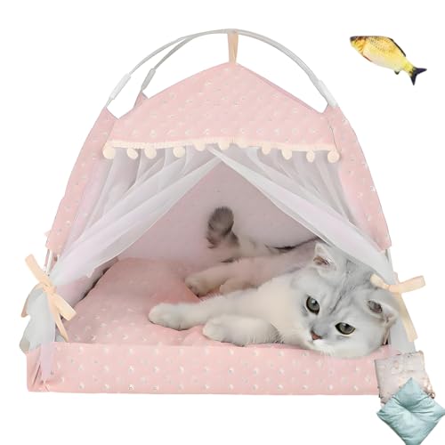 猫 家 猫 テント 【2025年アップグレード版】通気性、防水性、折りたたみ可能 洗濯可能 組み立てが簡単なペットベッド猫と犬のベッドメッシュ窓付きのかわいいプリンセススタイルのドーム型ペットハウス両面クッションオールシーズンに適しています キャットテント