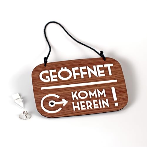 3DP Geöffnet Geschlossen Schild Bin gleich zurück mit Saugnapf, Vintage Retro - Öffnungszeiten änderbar, mit Zeitanzeige und beweglichen Zeigern (Nussbaum, Deutsch)