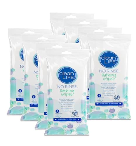 No-Rinse Bathing Wipes by Cleanlife Products (8 Pack), Premoistened and Alo Vera Enriched for Maximum Cleansing and Deodorizing - Microwaveable, Hypoallergenic, Rinse-Free and Latex-Free (8 Wipes)
